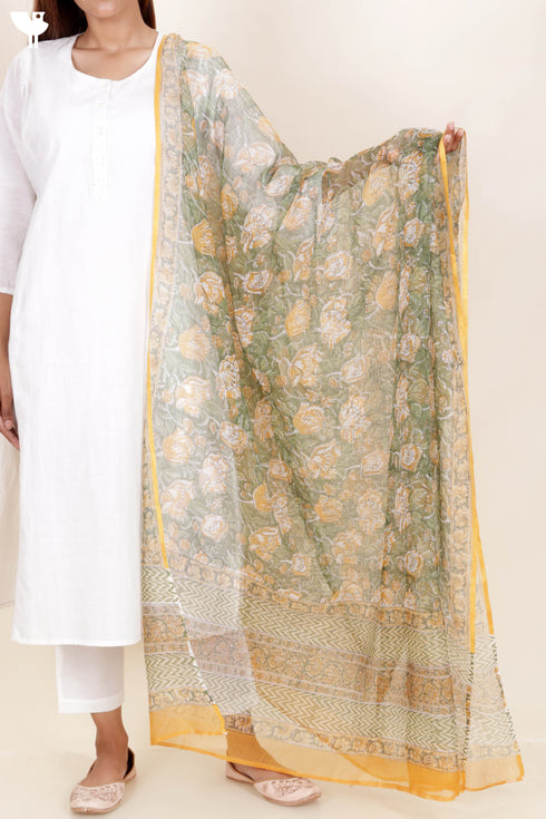 Kota Doria Dupatta In Floral Block Print